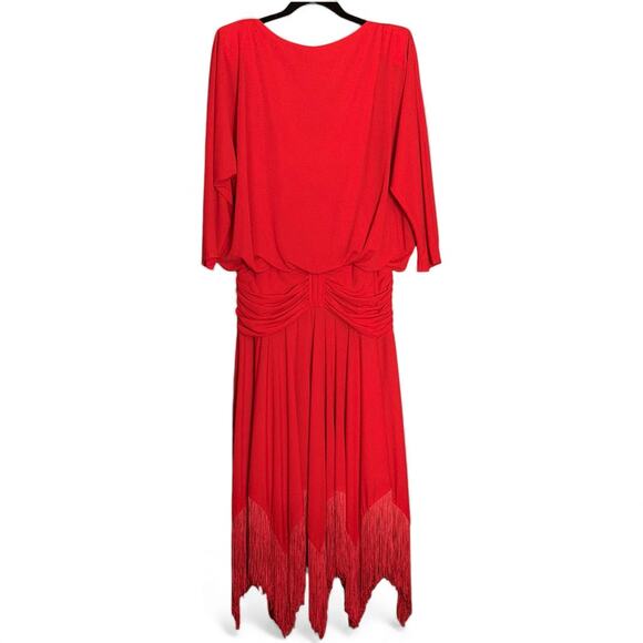 Vintage 80s Pat Richards Red Fringe Hem Cowl Back Ruched Waist Dress Size 10 USA - Picture 2 of 12